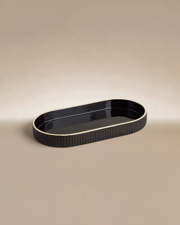 Signature Ceramic Kitchen Tray in Ink with cream lining, a fluted sink tray