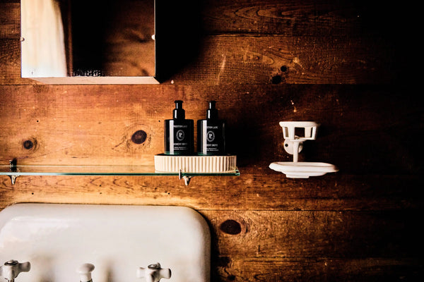 Bathcare set in a cozy wooden bathroom